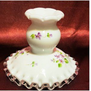 Pair of Fenton Milk Glass Candlesticks Hand Painted with Violets.